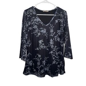 Bebonnie Blouse Women's Large V-Neck Mesh Lined Black Floral Slit 3/4 Sleeve Top